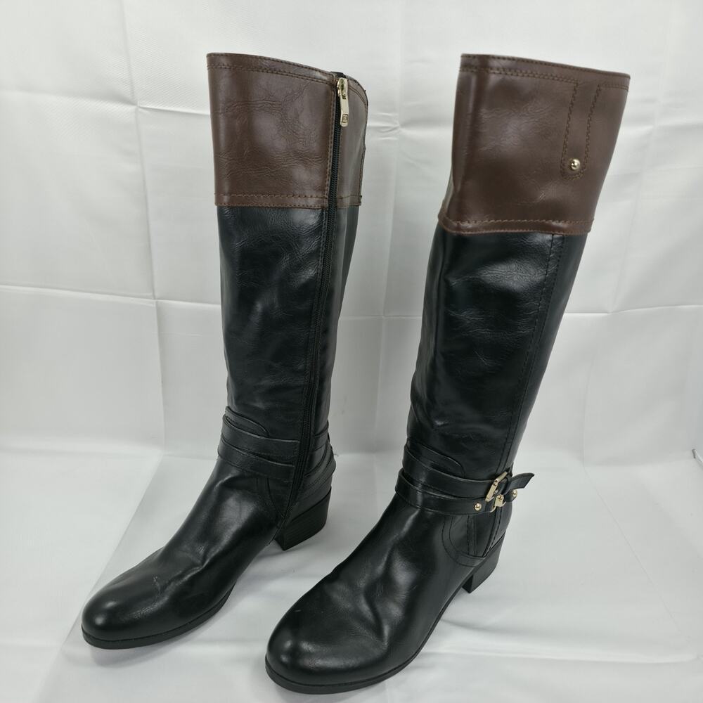 Liz Claiborne Womens 8.5 Black Brown Knee High Riding Boots Equestrian Buckle